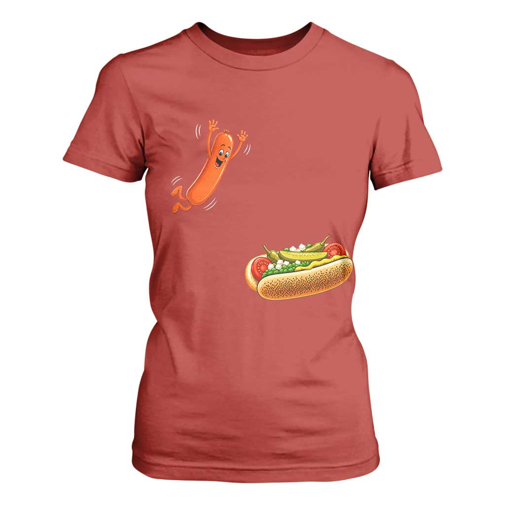 Funny Chicago Style Hot Dog Sausage Jumping Into Bun BBQ T Shirt For Women
