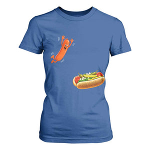 Funny Chicago Style Hot Dog Sausage Jumping Into Bun BBQ T Shirt For Women