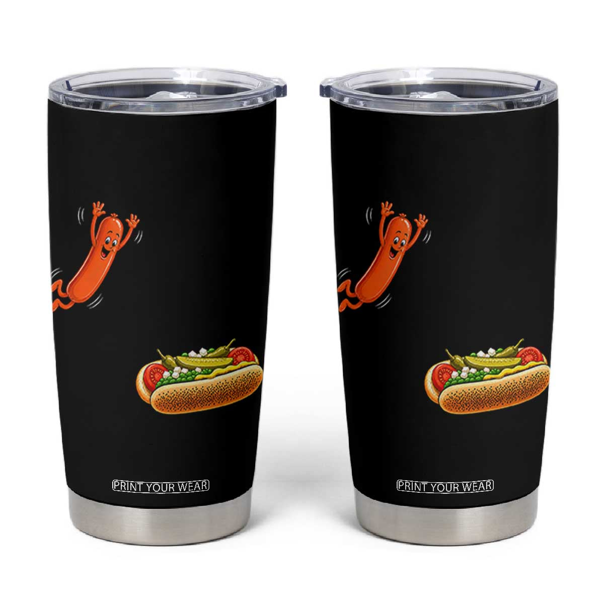 Funny Chicago Style Hot Dog Sausage Jumping Into Bun BBQ Tumbler Cup