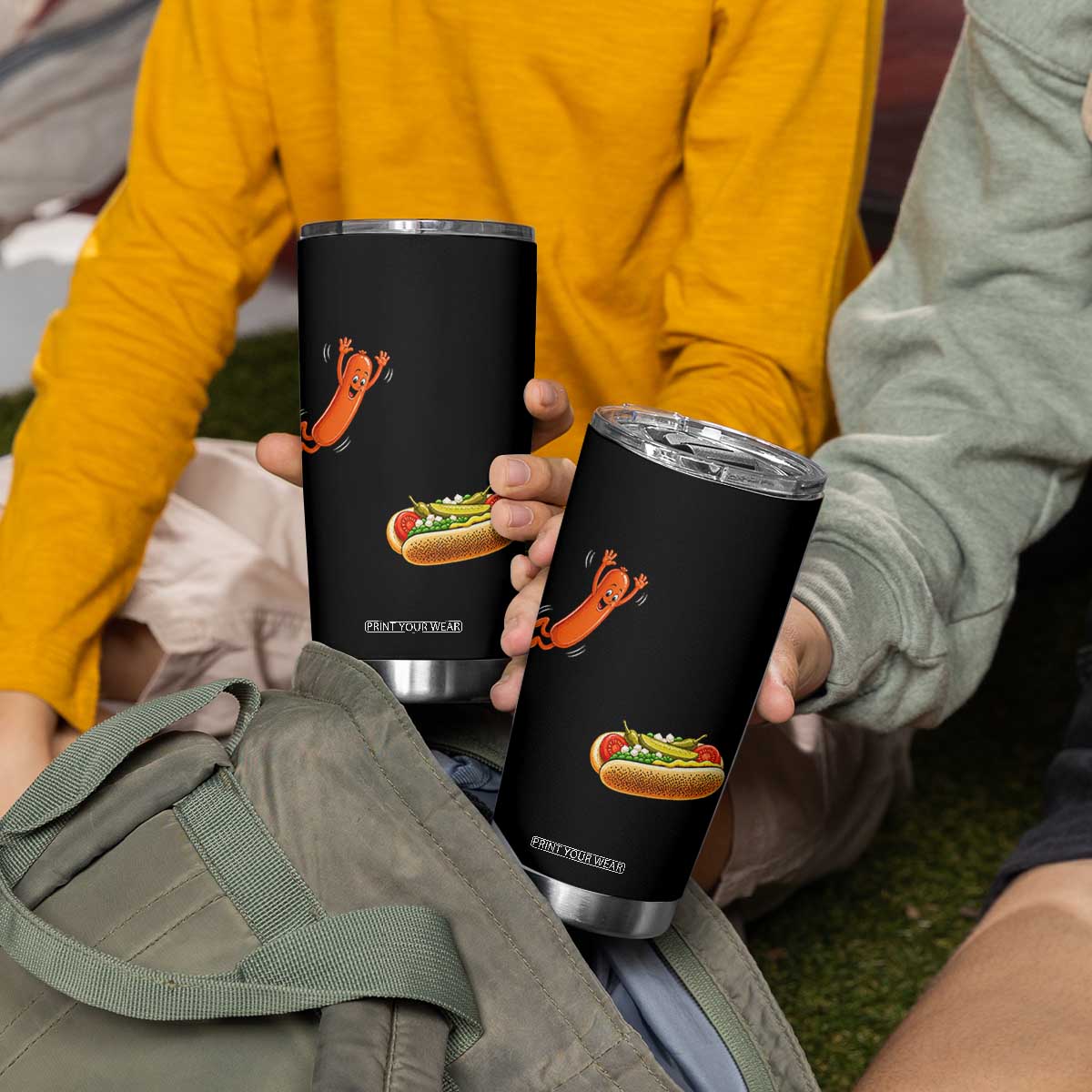 Funny Chicago Style Hot Dog Sausage Jumping Into Bun BBQ Tumbler Cup
