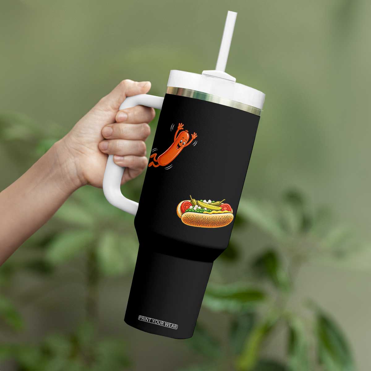 Funny Chicago Style Hot Dog Sausage Jumping Into Bun BBQ Tumbler With Handle