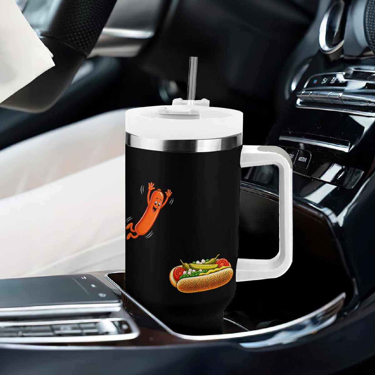 Funny Chicago Style Hot Dog Sausage Jumping Into Bun BBQ Tumbler With Handle