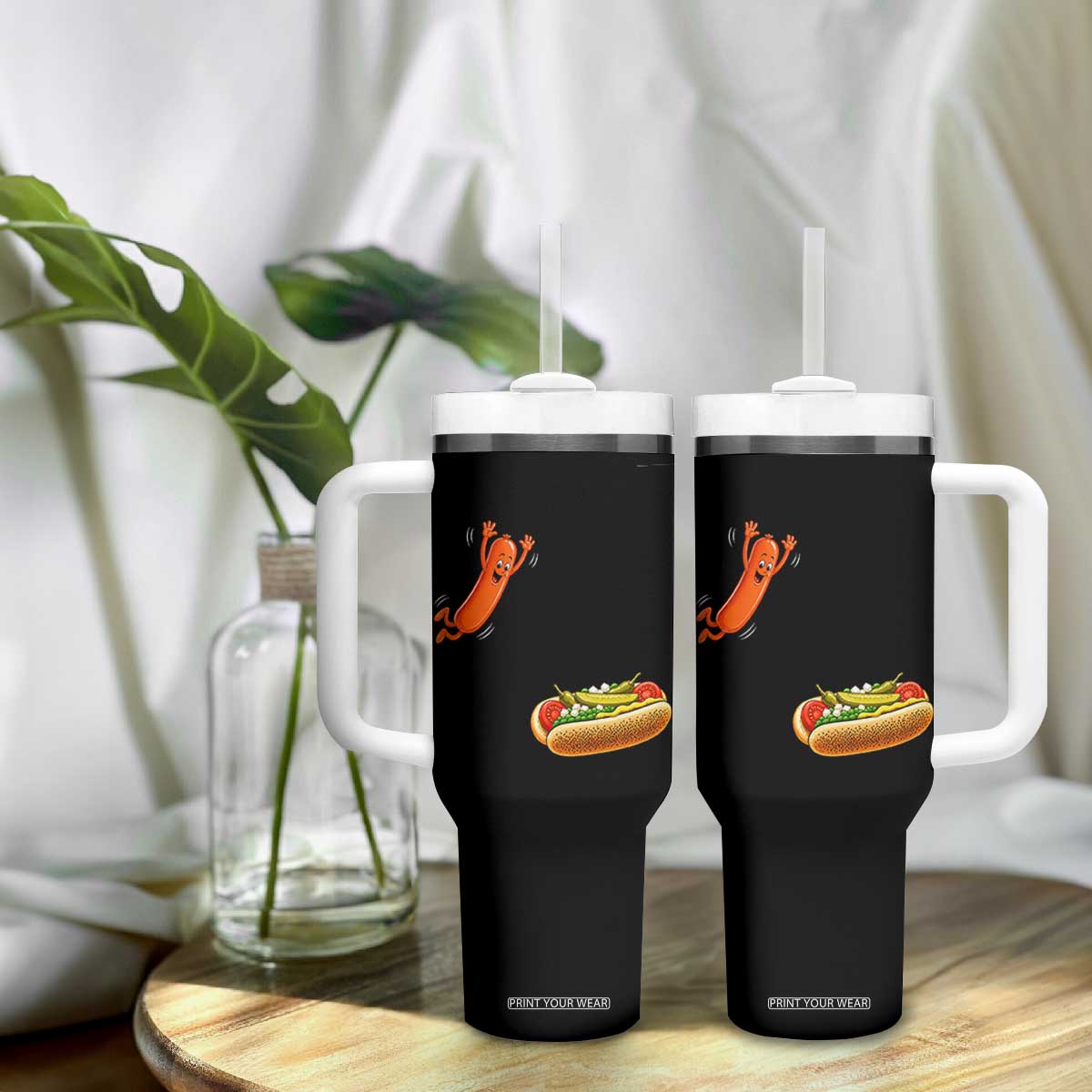Funny Chicago Style Hot Dog Sausage Jumping Into Bun BBQ Tumbler With Handle