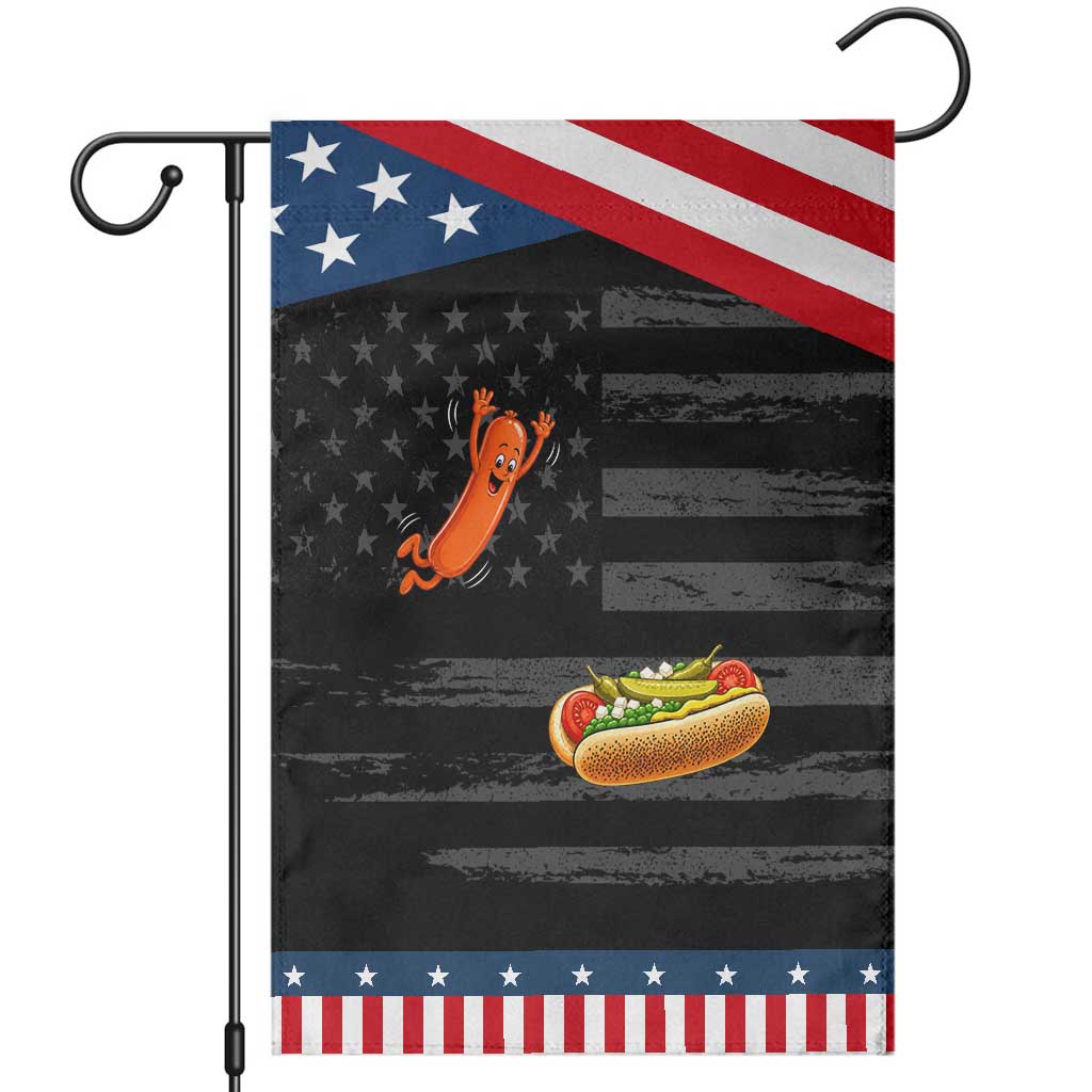 Funny Chicago Style Hot Dog Sausage Jumping Into Bun BBQ Patriotic Garden Flag
