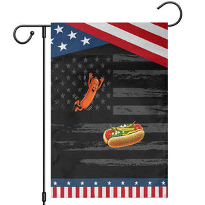 Funny Chicago Style Hot Dog Sausage Jumping Into Bun BBQ Patriotic Garden Flag