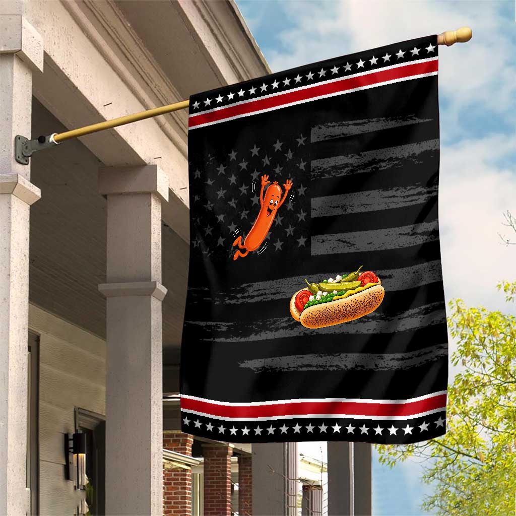 Funny Chicago Style Hot Dog Sausage Jumping Into Bun BBQ Patriotic Garden Flag