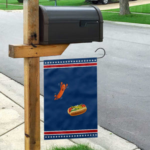 Funny Chicago Style Hot Dog Sausage Jumping Into Bun BBQ Patriotic Garden Flag