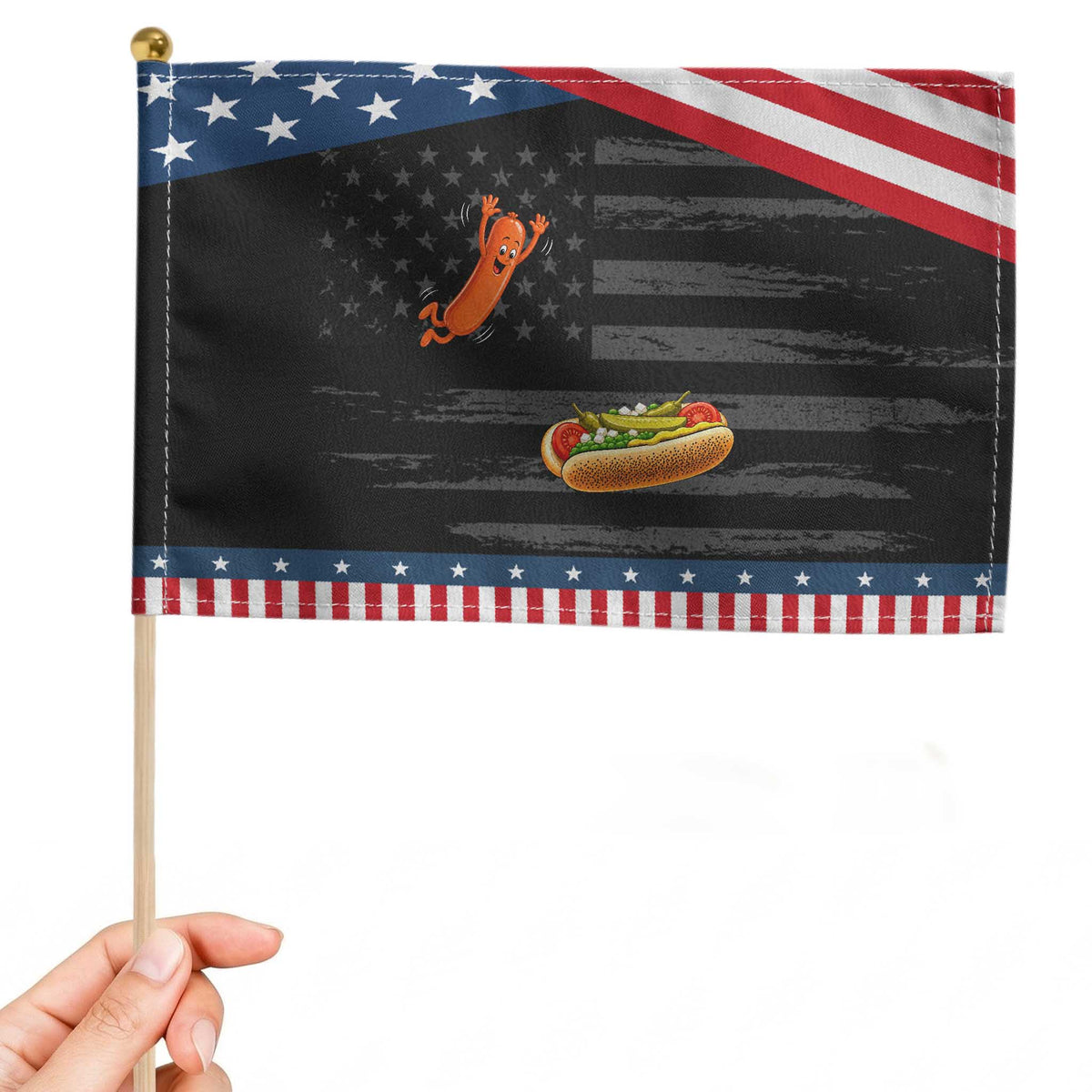Funny Chicago Style Hot Dog Sausage Jumping Into Bun BBQ Patriotic Handheld Flag