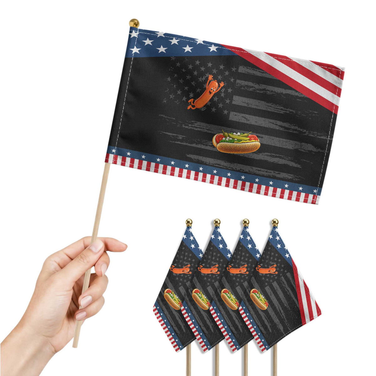 Funny Chicago Style Hot Dog Sausage Jumping Into Bun BBQ Patriotic Handheld Flag
