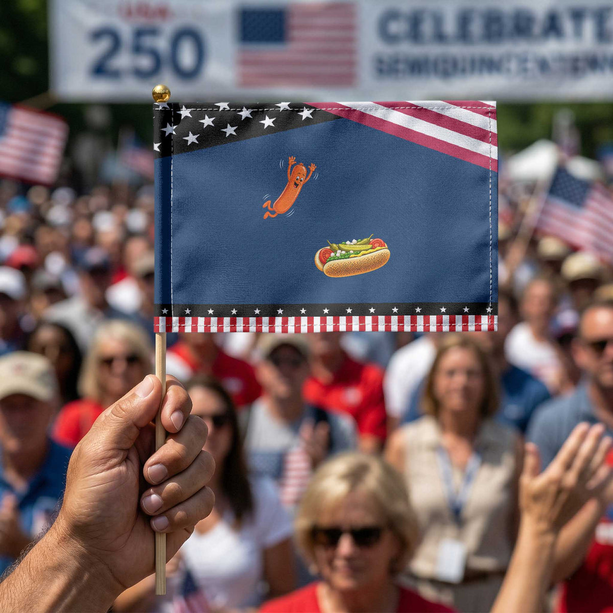 Funny Chicago Style Hot Dog Sausage Jumping Into Bun BBQ Patriotic Handheld Flag