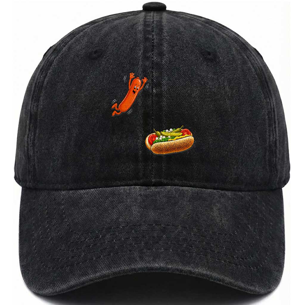 Funny Chicago Style Hot Dog Sausage Jumping Into Bun BBQ Washed Cotton Baseball Cap