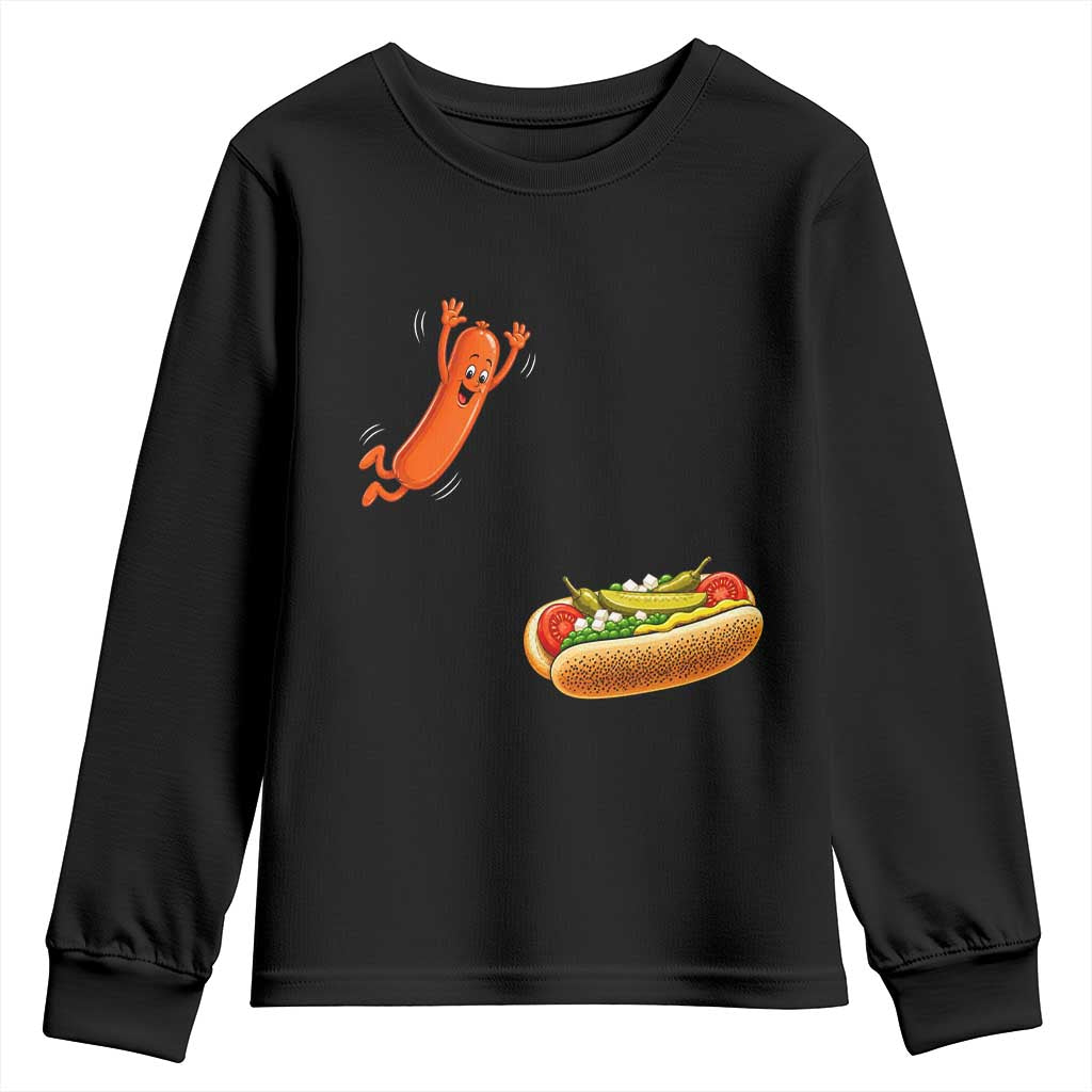 Funny Chicago Style Hot Dog Sausage Jumping Into Bun BBQ Youth Sweatshirt TS11 Black Print Your Wear