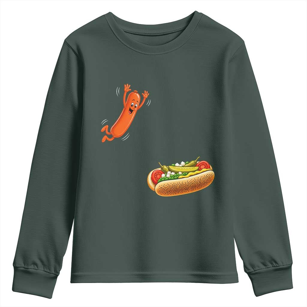 Funny Chicago Style Hot Dog Sausage Jumping Into Bun BBQ Youth Sweatshirt