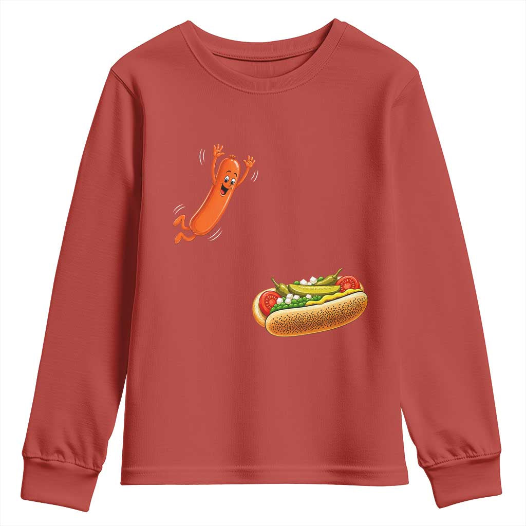 Funny Chicago Style Hot Dog Sausage Jumping Into Bun BBQ Youth Sweatshirt