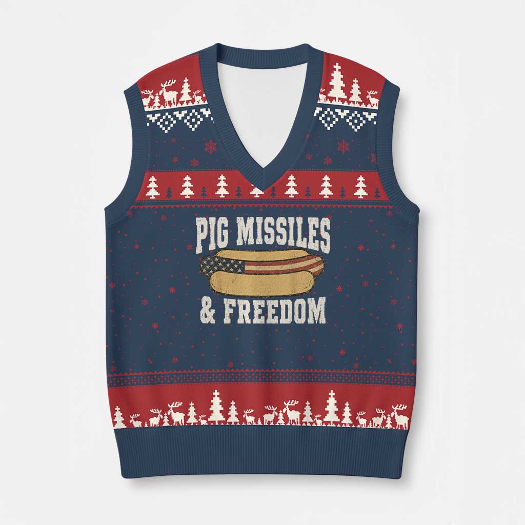 Pig Missiles And Freedom 4th of July Patriotic Hotdog V-Neck Knit Sweater Vest TS11 Navy Red Print Your Wear