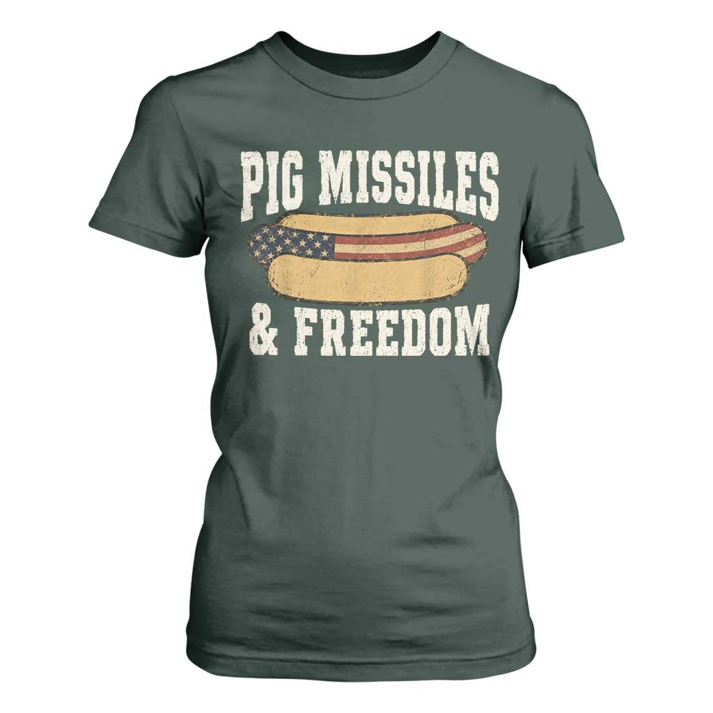 Pig Missiles And Freedom 4th of July Patriotic Hotdog T Shirt For Women