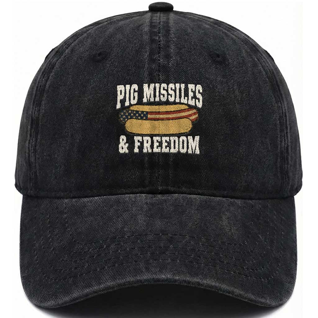 Pig Missiles And Freedom 4th of July Patriotic Hotdog Washed Cotton Baseball Cap