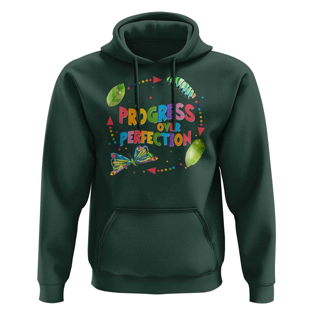 Progress Over Perfection Hoodie Caterpillar Back To School TS11 Dark Forest Green Print Your Wear