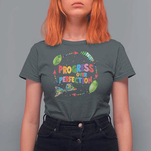 Progress Over Perfection T Shirt For Women Caterpillar Back To School TS11 Dark Heather Print Your Wear