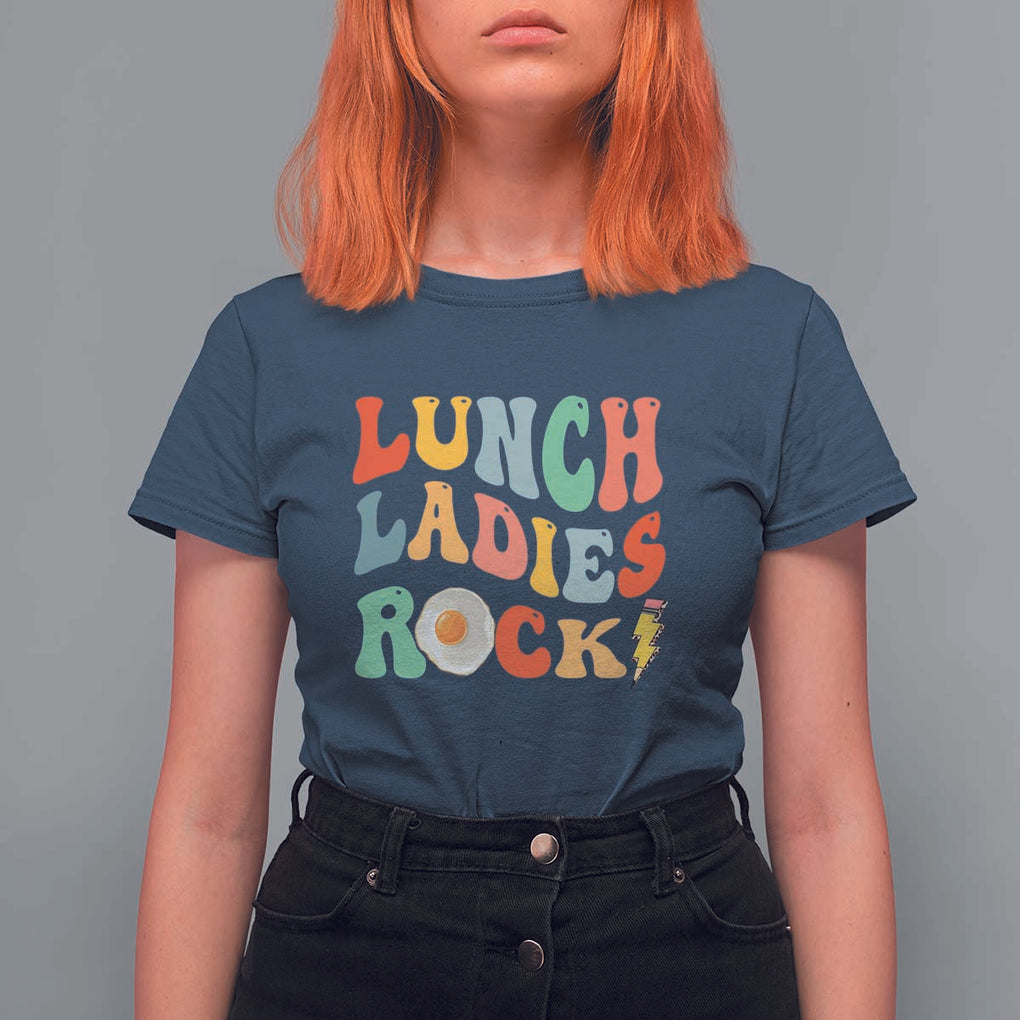 Lunch Ladies Rock T Shirt For Women Retro Groovy Cafeteria Crew Egg Pencil TS11 Navy Print Your Wear