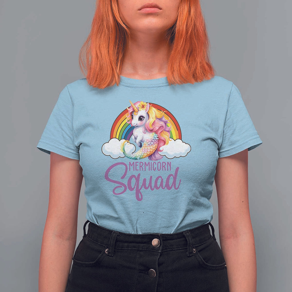 Mermicorn Squad T Shirt For Women Mermaids Unicorns Birthday Party Rainbow TS11 Light Blue Print Your Wear
