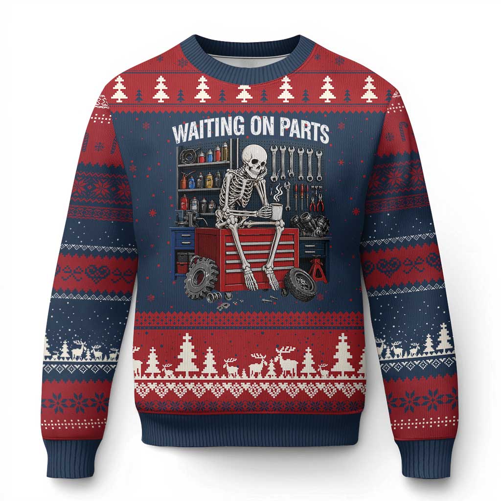 Waiting On Parts Funny Mechanic Ugly Christmas Sweater Funny Skeleton Auto Repair Life