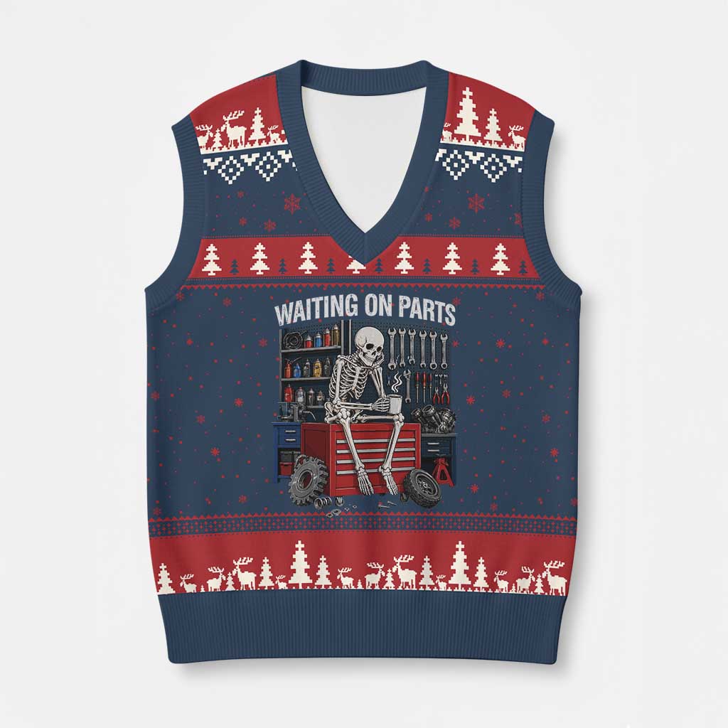 Waiting On Parts Funny Mechanic V-Neck Knit Sweater Vest Skeleton Auto Repair Life TS11 Navy Red Print Your Wear