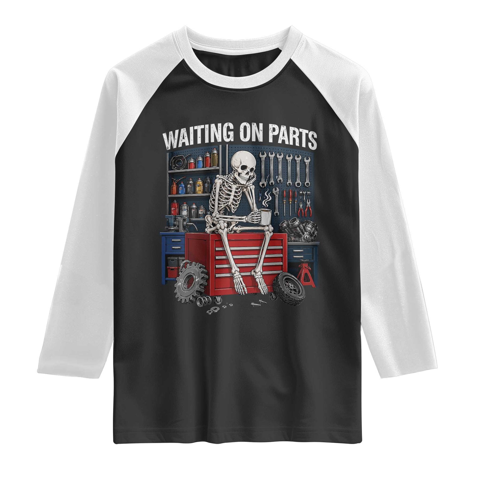 Waiting On Parts Funny Mechanic Raglan Shirt Skeleton Auto Repair Life TS11 Black White Print Your Wear