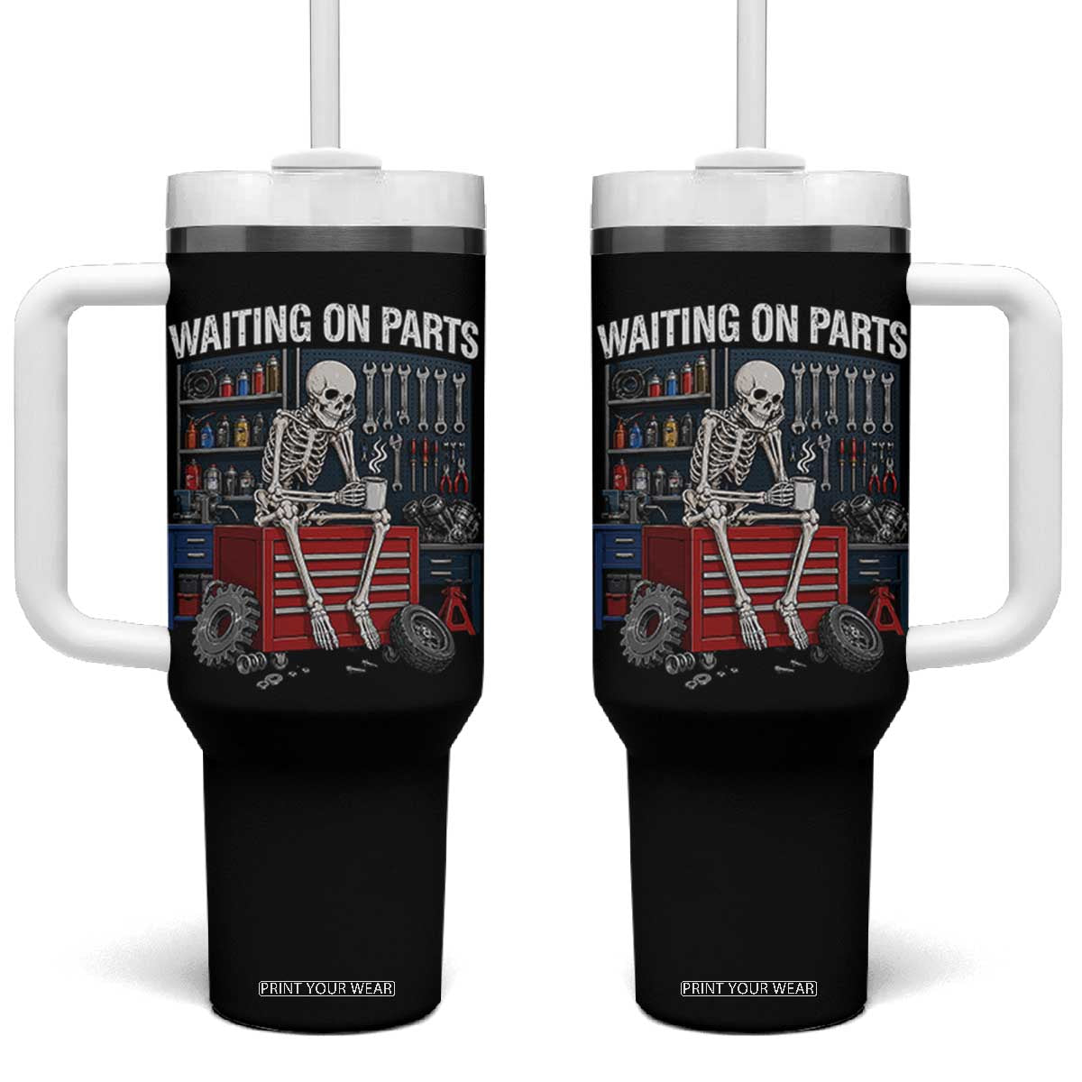 Waiting On Parts Funny Mechanic Tumbler With Handle Funny Skeleton Auto Repair Life