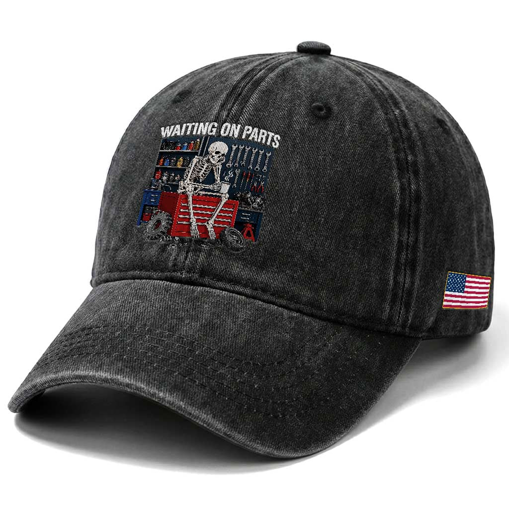 Waiting On Parts Funny Mechanic Washed Cotton Baseball Cap Funny Skeleton Auto Repair Life