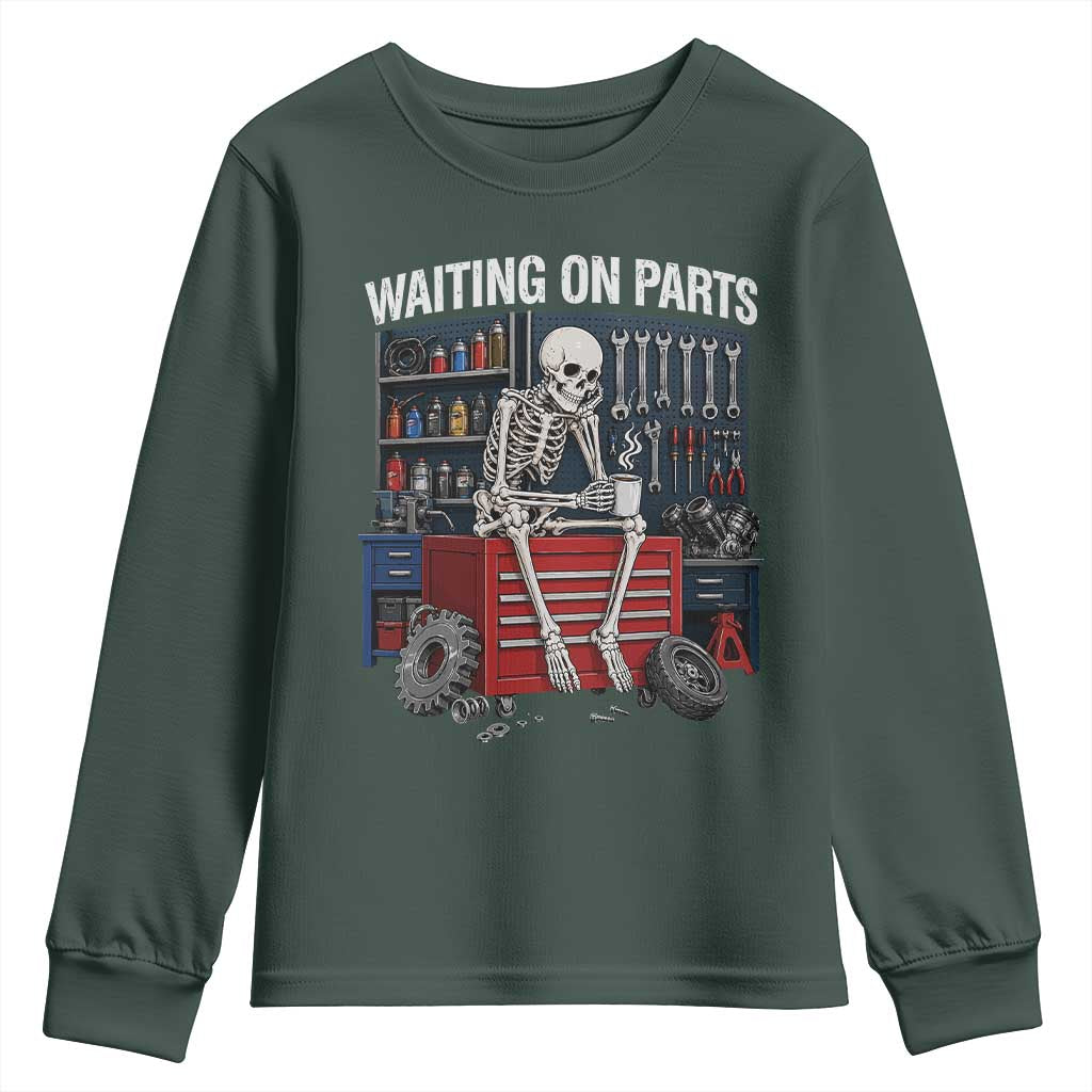 Waiting On Parts Funny Mechanic Youth Sweatshirt Funny Skeleton Auto Repair Life