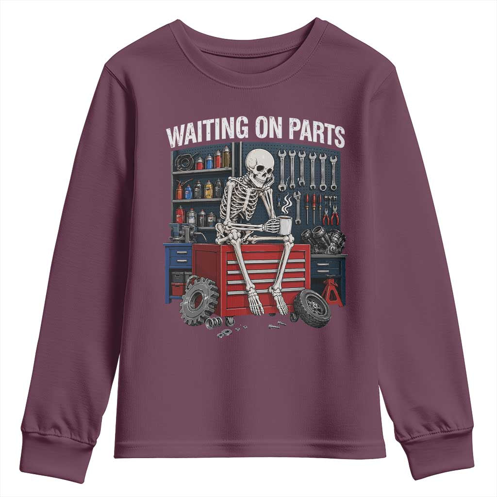 Waiting On Parts Funny Mechanic Youth Sweatshirt Funny Skeleton Auto Repair Life