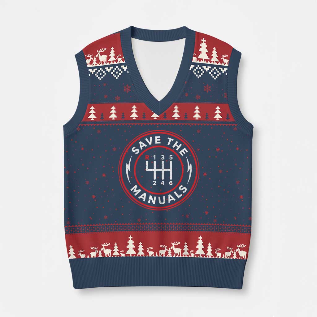 Save The Manuals Gear Shift Car Lover V-Neck Knit Sweater Vest TS11 Navy Red Print Your Wear
