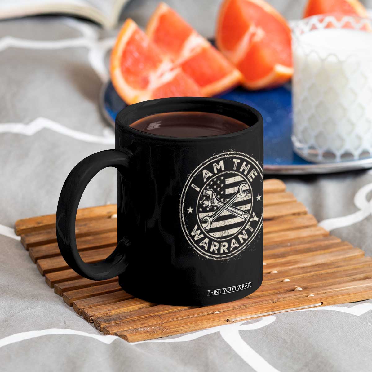 I Am The Warranty Funny Mechanic Coffee Mug Race Car Parts Repair Guy Vintage American Flag