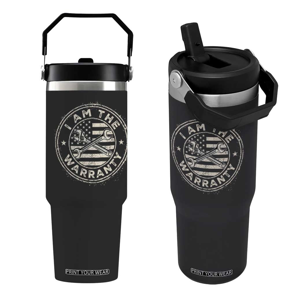 I Am The Warranty Funny Mechanic Flip Straw Tumbler Race Car Parts Repair Guy Vintage American Flag