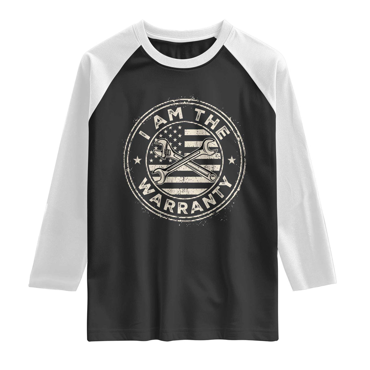I Am The Warranty Funny Mechanic Raglan Shirt Race Car Parts Repair Guy Vintage American Flag TS11 Black White Print Your Wear