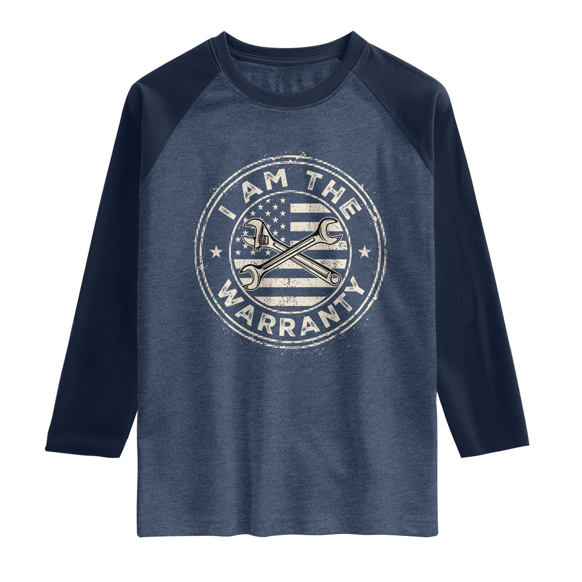 I Am The Warranty Funny Mechanic Raglan Shirt Race Car Parts Repair Guy Vintage American Flag TS11 Heather Denim Navy Print Your Wear