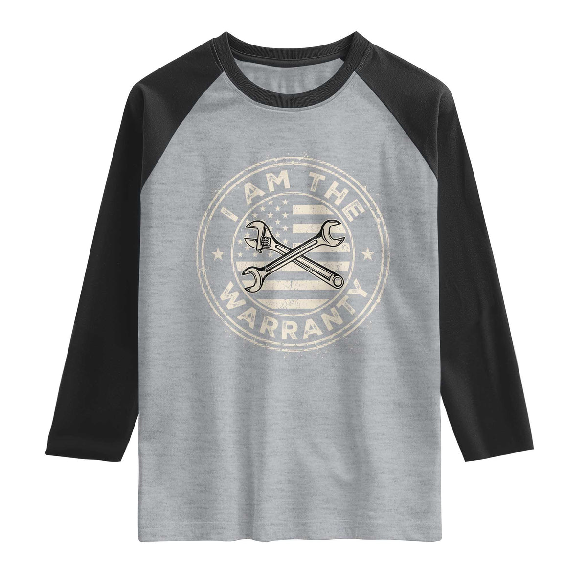 I Am The Warranty Funny Mechanic Raglan Shirt Race Car Parts Repair Guy Vintage American Flag TS11 Heather Gray Black Print Your Wear