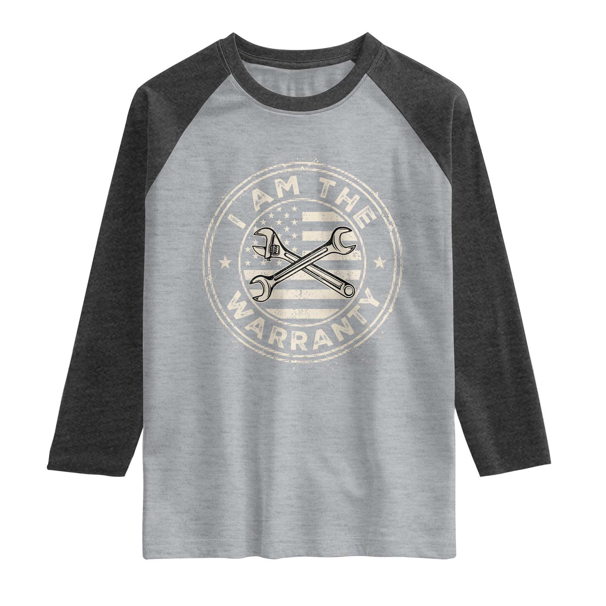 I Am The Warranty Funny Mechanic Raglan Shirt Race Car Parts Repair Guy Vintage American Flag TS11 Heather Gray Heather Charcoal Print Your Wear