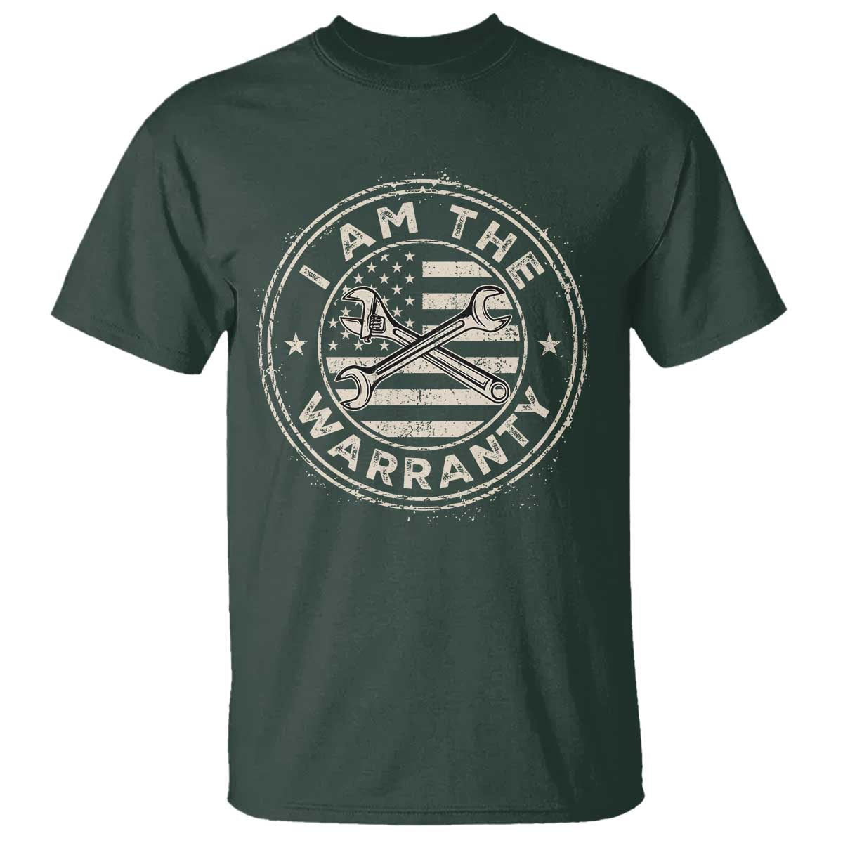 I Am The Warranty Funny Mechanic T Shirt Race Car Parts Repair Guy Vintage American Flag TS11 Dark Forest Green Print Your Wear