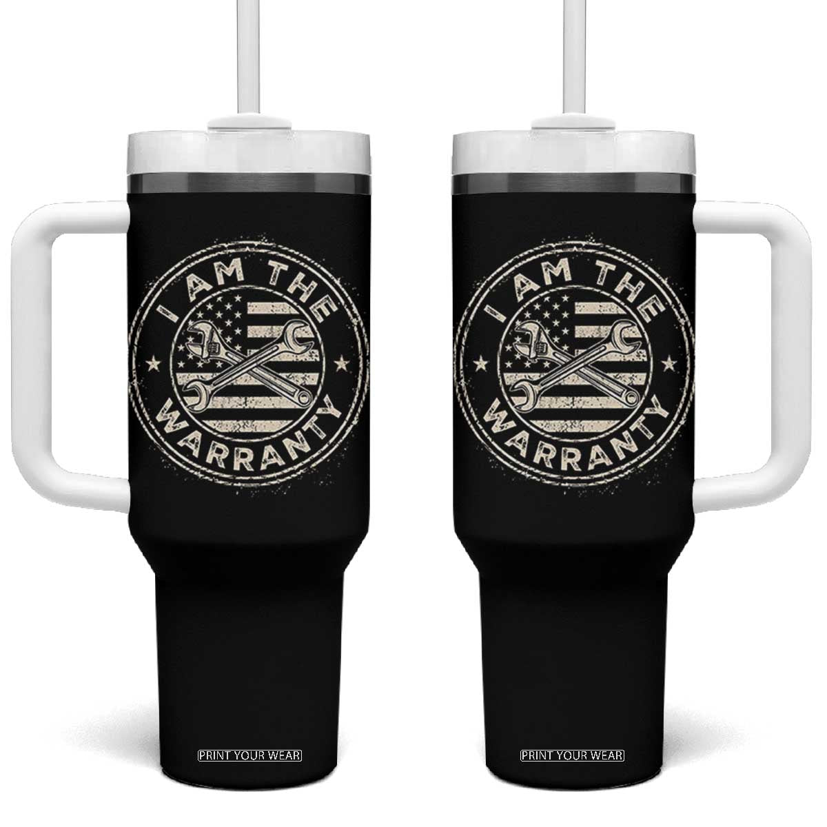 I Am The Warranty Funny Mechanic Tumbler With Handle Race Car Parts Repair Guy Vintage American Flag TS11 One Size: 40 oz Black Print Your Wear