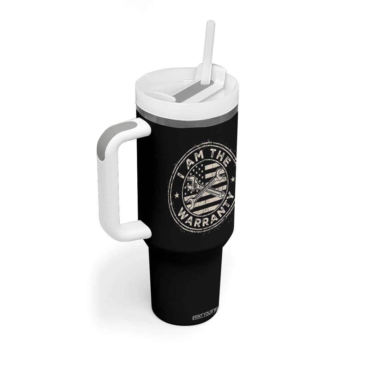 I Am The Warranty Funny Mechanic Tumbler With Handle Race Car Parts Repair Guy Vintage American Flag