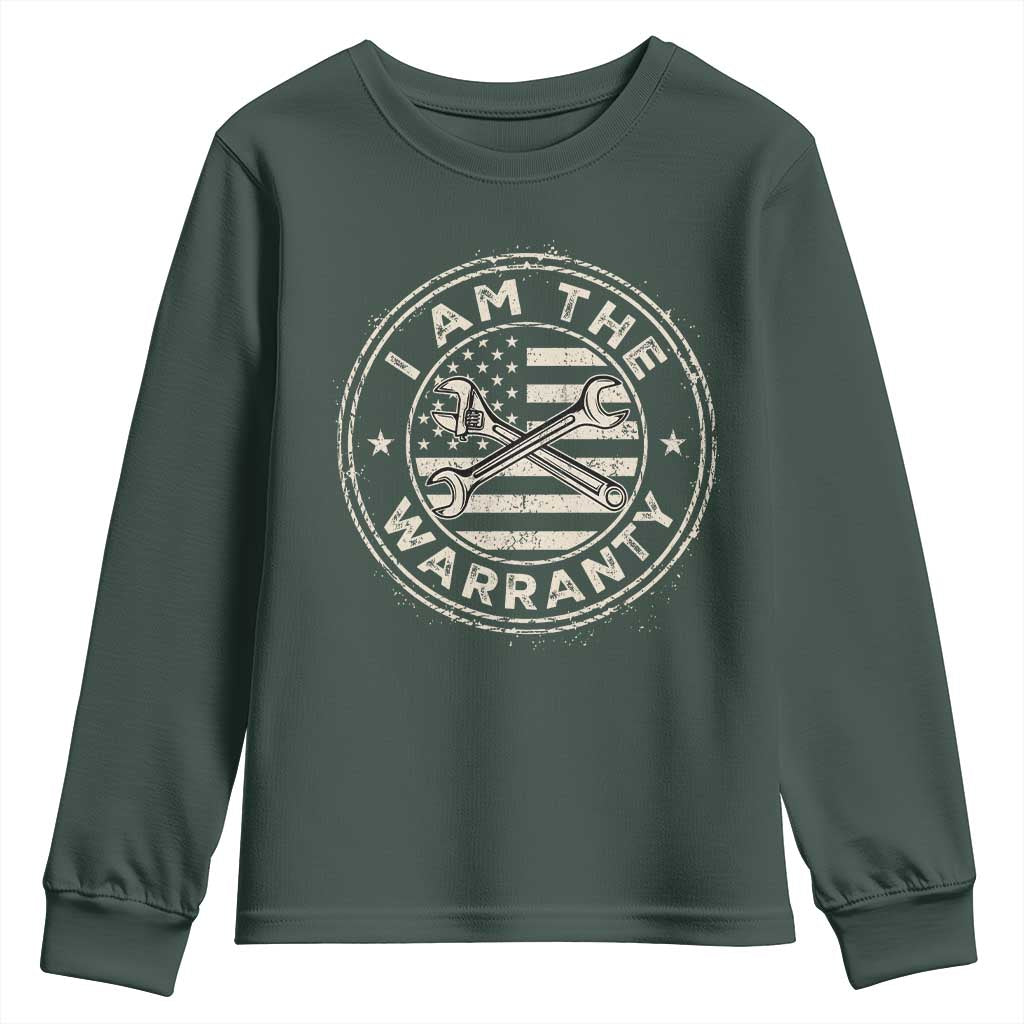 I Am The Warranty Funny Mechanic Youth Sweatshirt Race Car Parts Repair Guy Vintage American Flag TS11 Dark Forest Green Print Your Wear