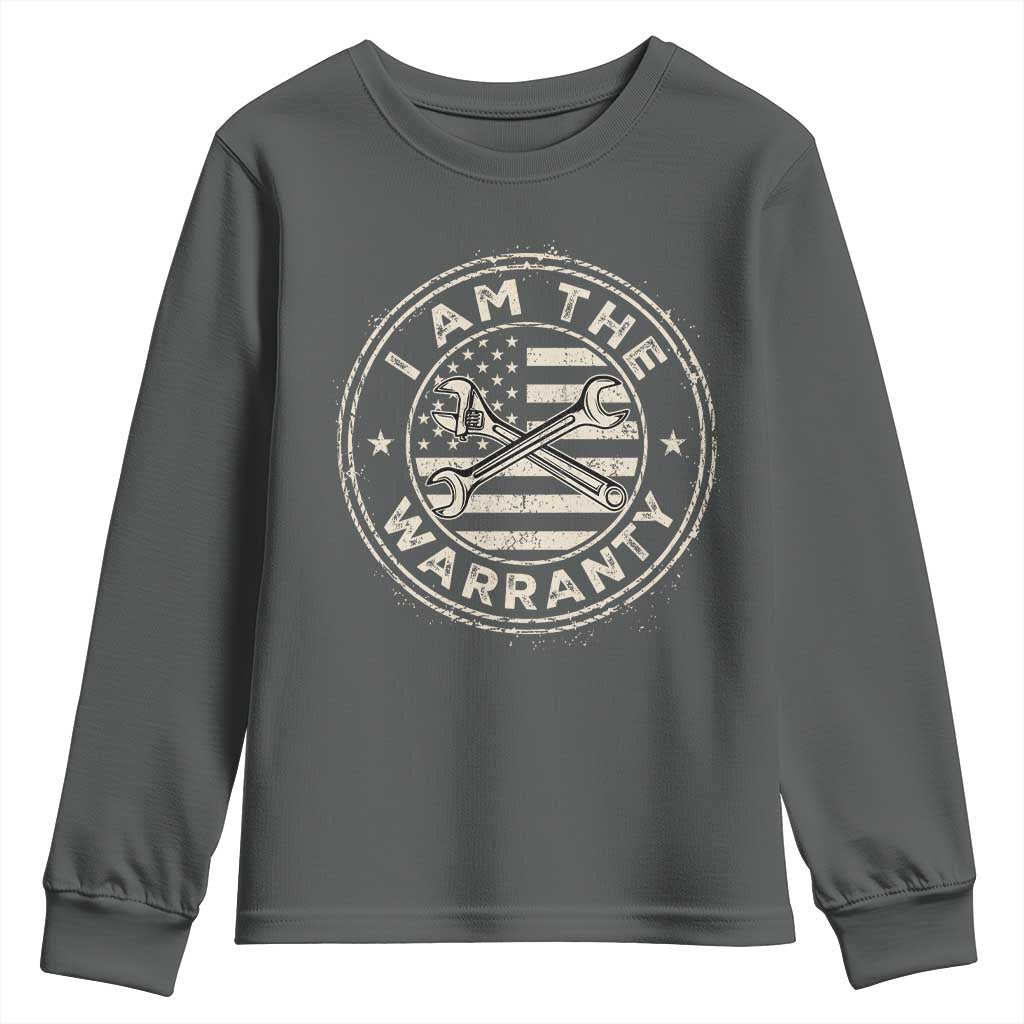 I Am The Warranty Funny Mechanic Youth Sweatshirt Race Car Parts Repair Guy Vintage American Flag TS11 Dark Heather Print Your Wear