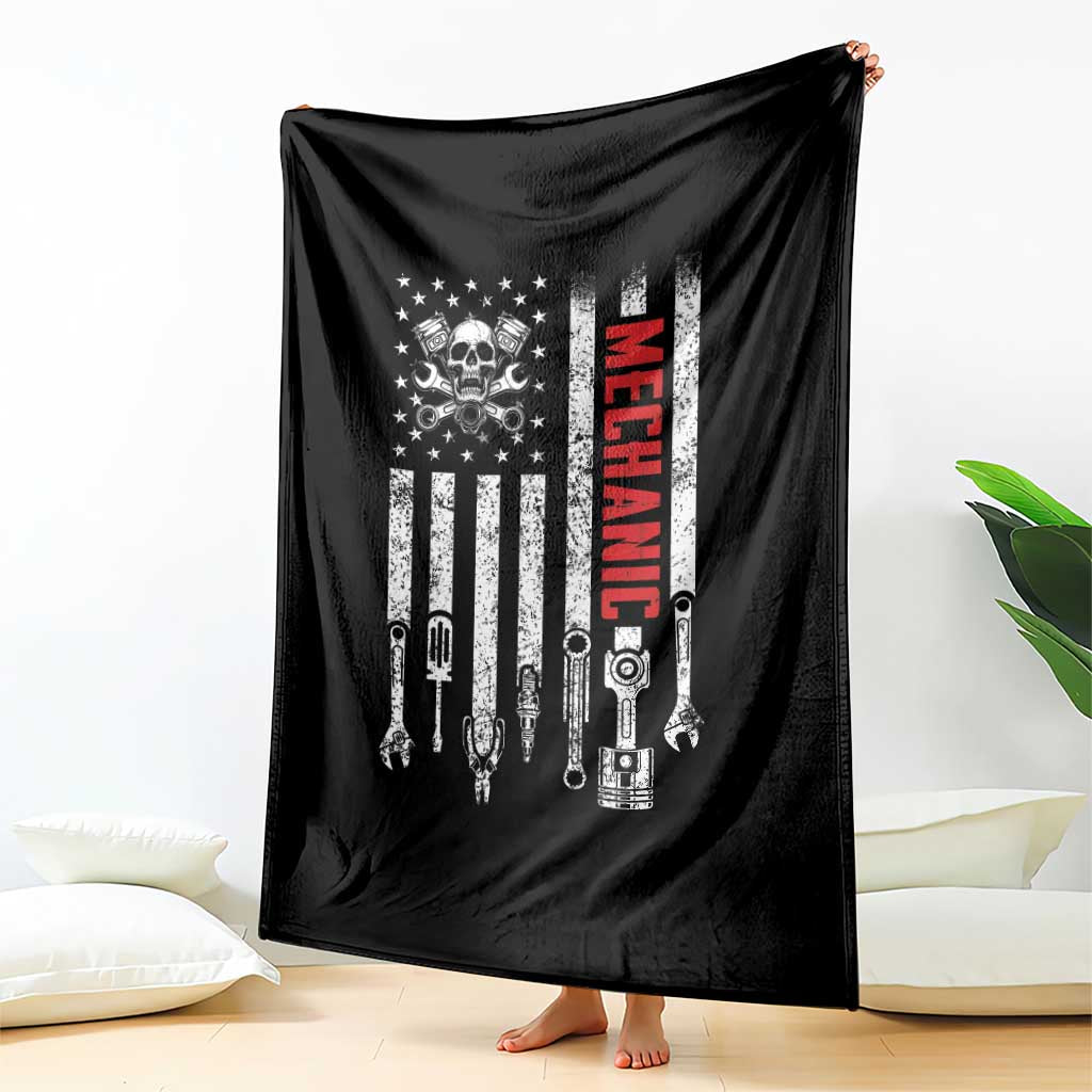 Mechanic American Flag Vintage Skull Auto Repair Handyman Throw Blanket
