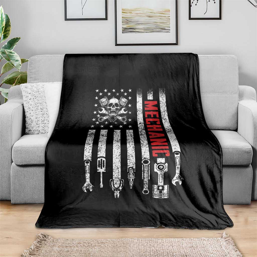 Mechanic American Flag Vintage Skull Auto Repair Handyman Throw Blanket