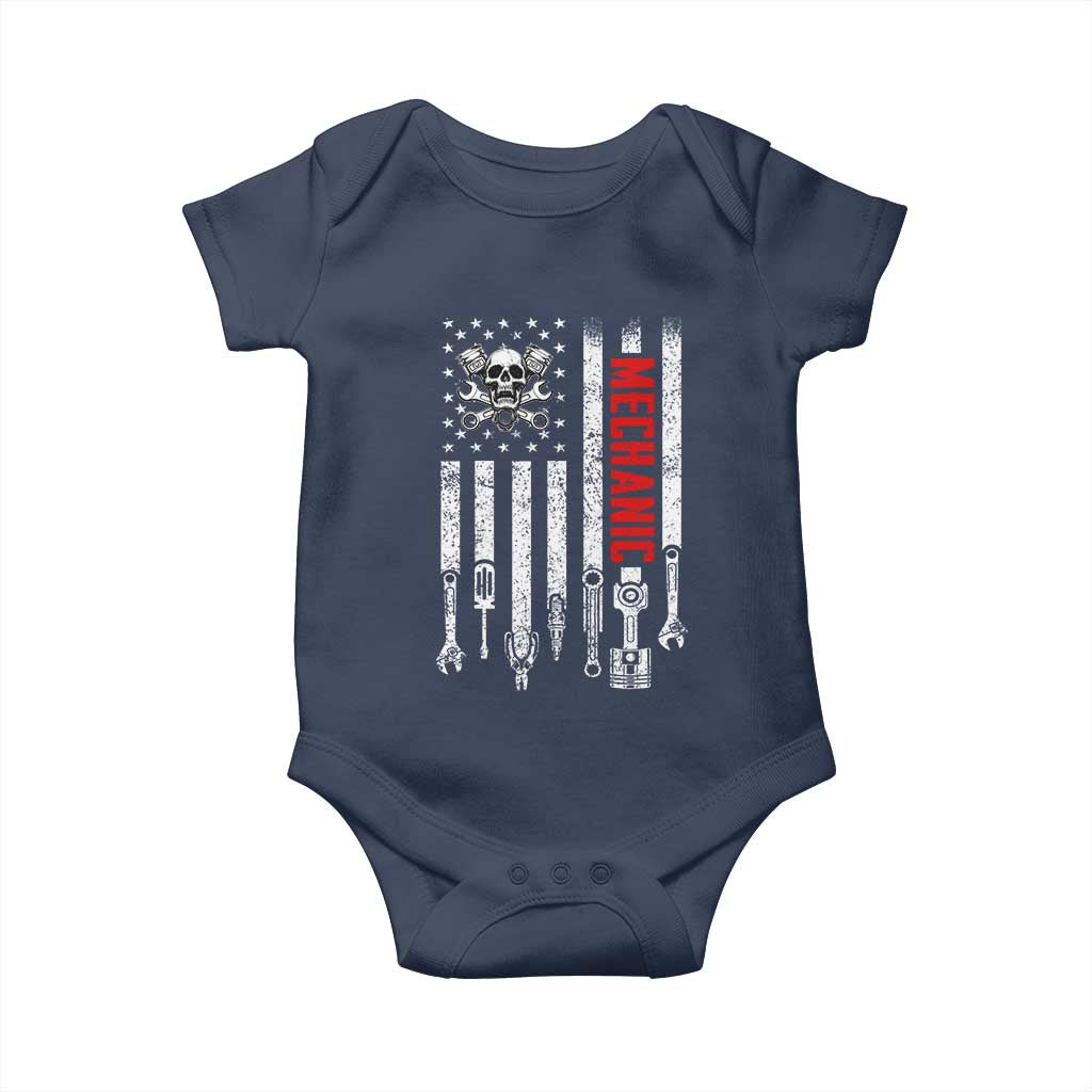 Mechanic American Flag Vintage Skull Auto Repair Handyman Baby Onesie