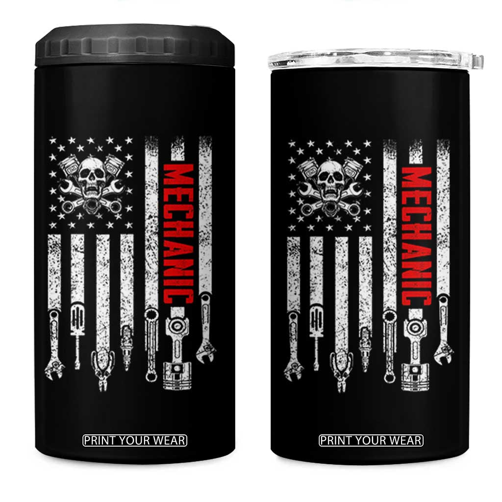 Mechanic American Flag Vintage Skull Auto Repair Handyman 4 in 1 Can Cooler Tumbler
