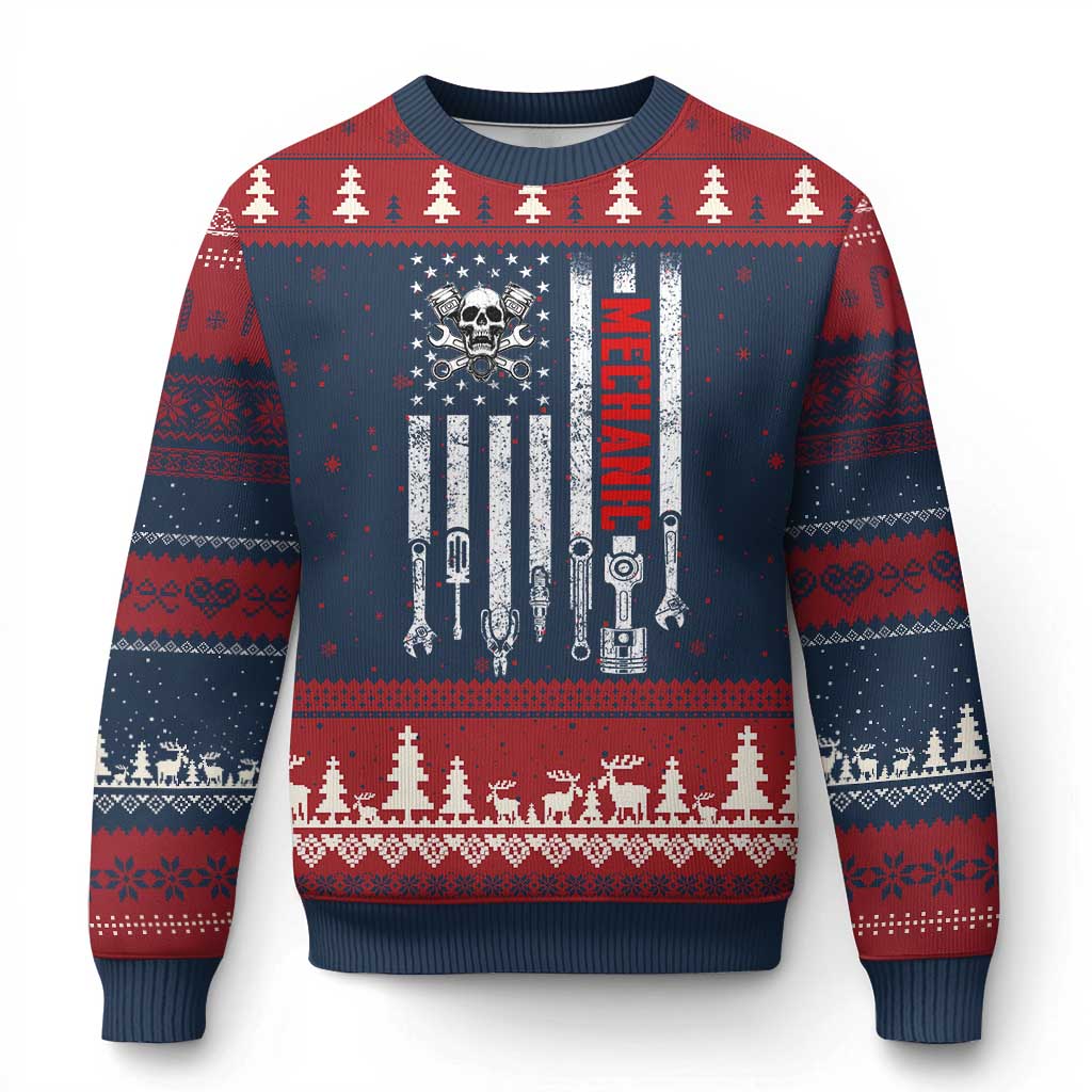 Mechanic American Flag Vintage Skull Auto Repair Handyman Ugly Christmas Sweater TS11 Navy Red Print Your Wear