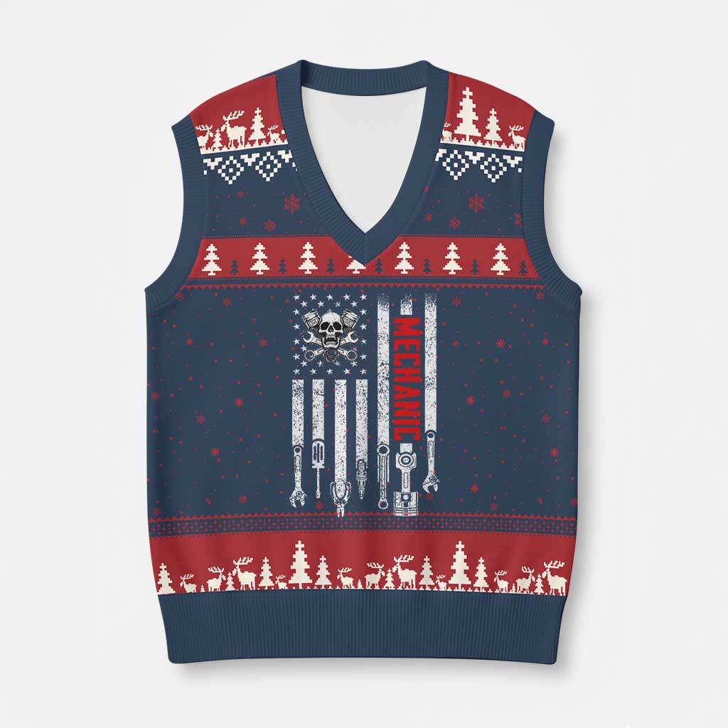 Mechanic American Flag Vintage Skull Auto Repair Handyman V-Neck Knit Sweater Vest TS11 Navy Red Print Your Wear